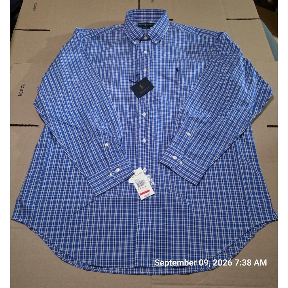Ralph Lauren Yarmouth Mens Blue White Plaid Button Down Shirt 17 34/35 NEW